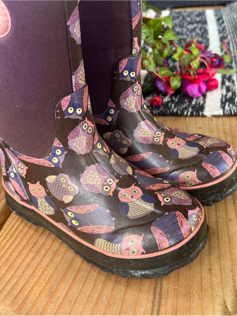 Bogs Kids Brown Rain Boots with Pink & Purple Owl Print